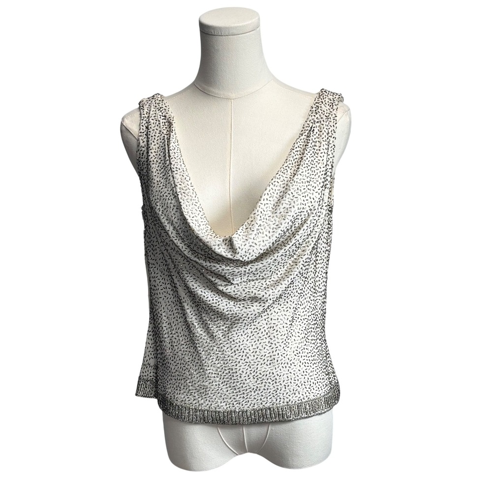 VTG 50s 60s Beaded Cowl Neck Tank Top Cream Ivory Glam Cocktail British Crown 10